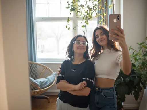 Prompt: In a cozy indoor setting, two young women pose together in front of a mirror, capturing a moment filled with camaraderie. One, wearing a black shirt with a sporty neckline and light-colored pants, and wearing transparent glasses stands slightly to the left, exuding a warm smile. She has shoulder length wavy black hair and a round face. The other, shorter than the first girl, dressed in a cropped white top, holds her phone up to take the selfie, her hair styled in loose waves. Sunlight floods through large windows, illuminating the space and creating a comfortable atmosphere, with soft blue curtains and hints of greenery visible outside. A woven hanging chair adds a touch of warmth to the scene, while the overall composition conveys a lighthearted and intimate mood.