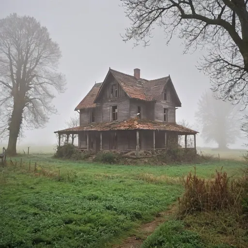 Prompt: foggy countryside with old abandoned house and raining a bit