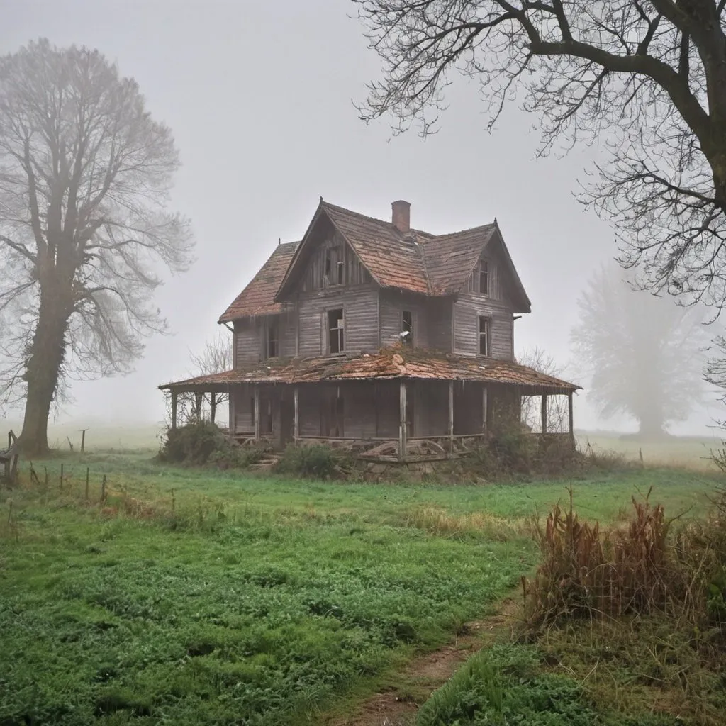 Prompt: foggy countryside with old abandoned house and raining a bit