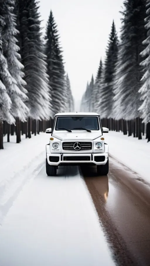 Prompt: Imagine a new driving G-Wagon on a beautiful snowy road with beautiful wide trees from both sides covered with snow