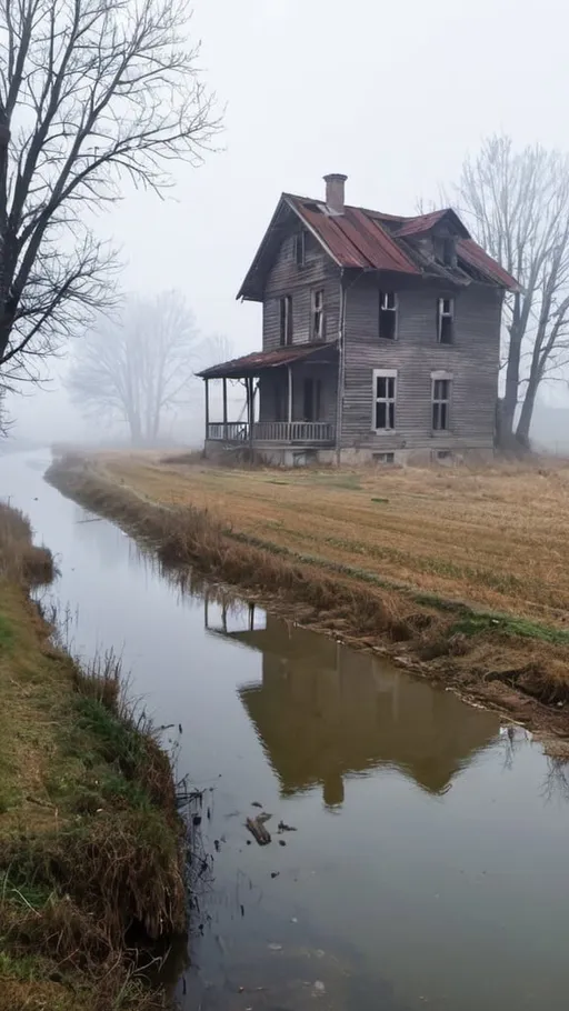 Prompt: rural area in fog, with abandoned old house near the river