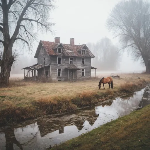 Prompt: foggy rural area with old abandoned house near the river. with a horse or deers around it