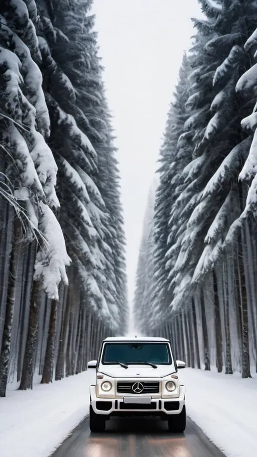 Prompt: Imagine a driving G-Wagon on a beautiful snowy road with beautiful trees from both sides covered with snow