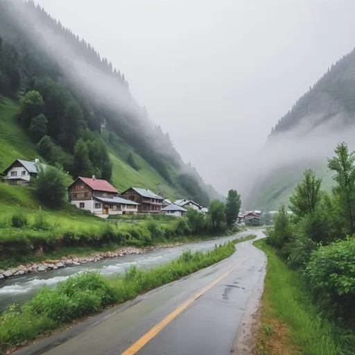Prompt: foggy mountain area with snows and greenery down the road to the river. along the river a small village