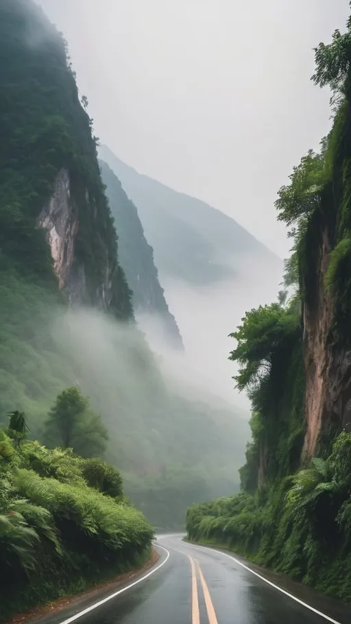 Prompt: very high foggy mountains with greenery down the road, along with the river of sharp waves