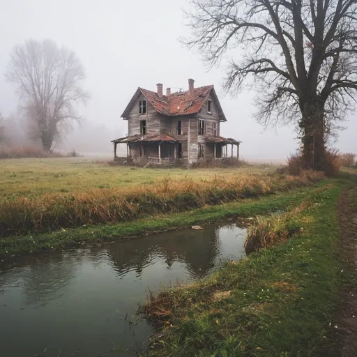 Prompt: foggy countryside with old abandoned house near the river