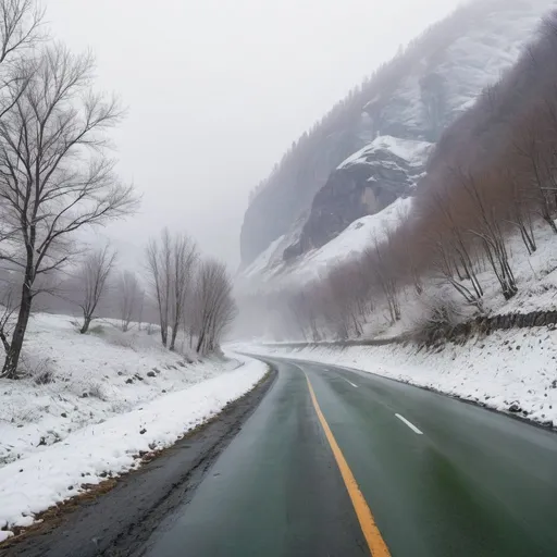 Prompt: reels size picture of foggy mountain area with snows and greenery down the road to the river. along the river a small village