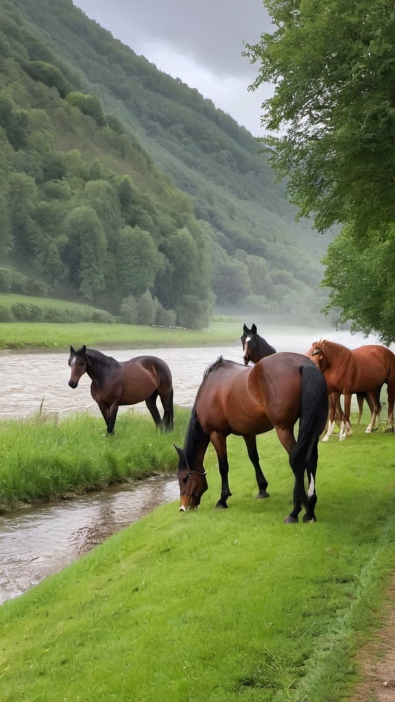 Prompt: Beautiful countryside with plenty of beautiful horses along the river and raining a bit