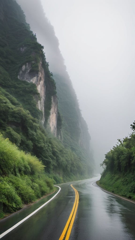 Prompt: very high foggy mountains with greenery down the road. along the road is the river with sharp waves