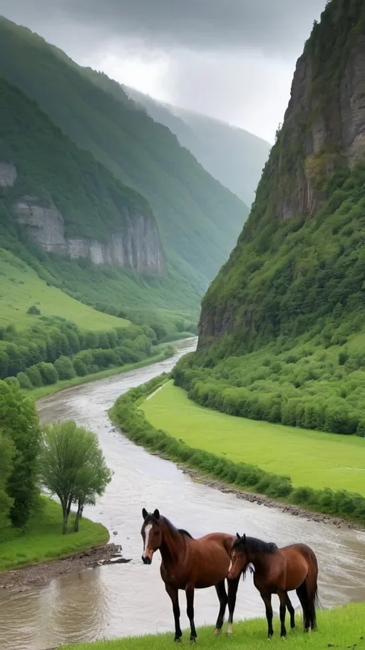 Prompt: Beautiful green mountainside with plenty of beautiful horses along the river and raining a bit