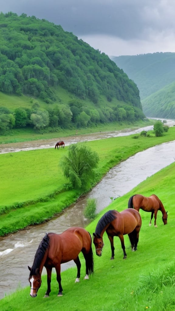 Prompt: Beautiful green hillside with beautiful horses along the river under the rain