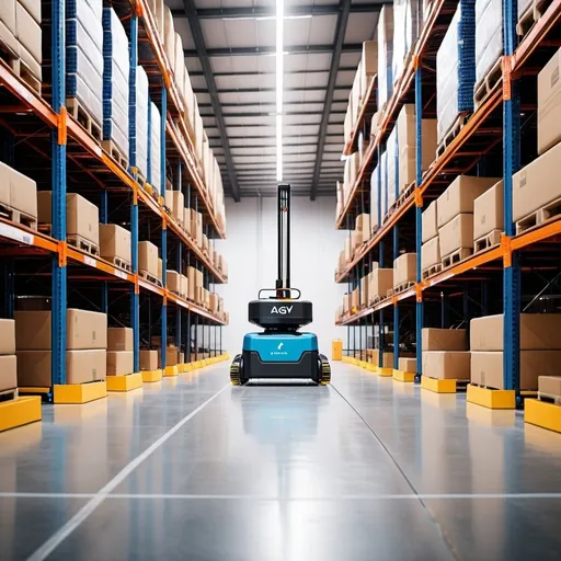 Prompt: a warehouse with a raking system and running AGV robots working and drones flying