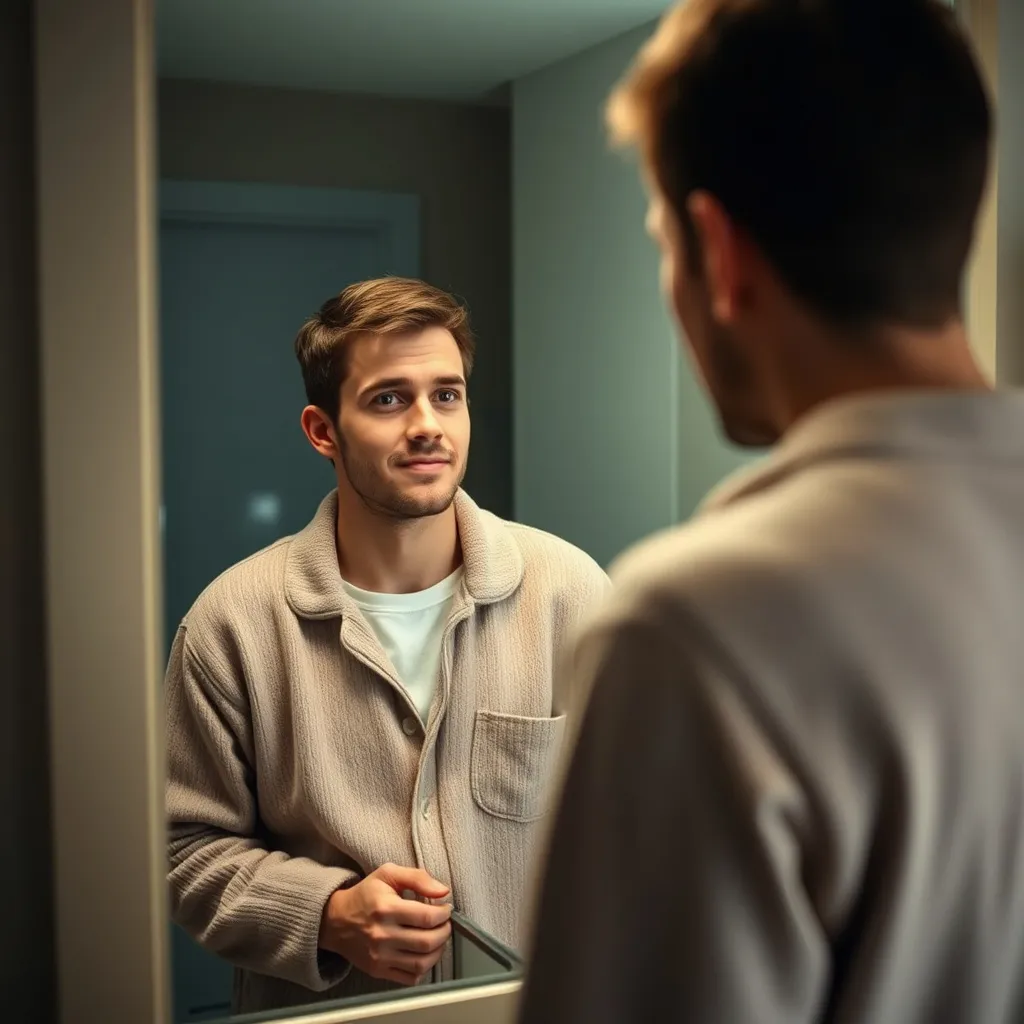 Prompt: 35-year-old man in (cozy pyjamas) and (comfortable white T-shirt),with short brown hair and no facial hair, looking into (bathroom mirror), soft lighting illuminating the (welcoming interior), with (dark outside) . make sure the image and reflected image match perfectly