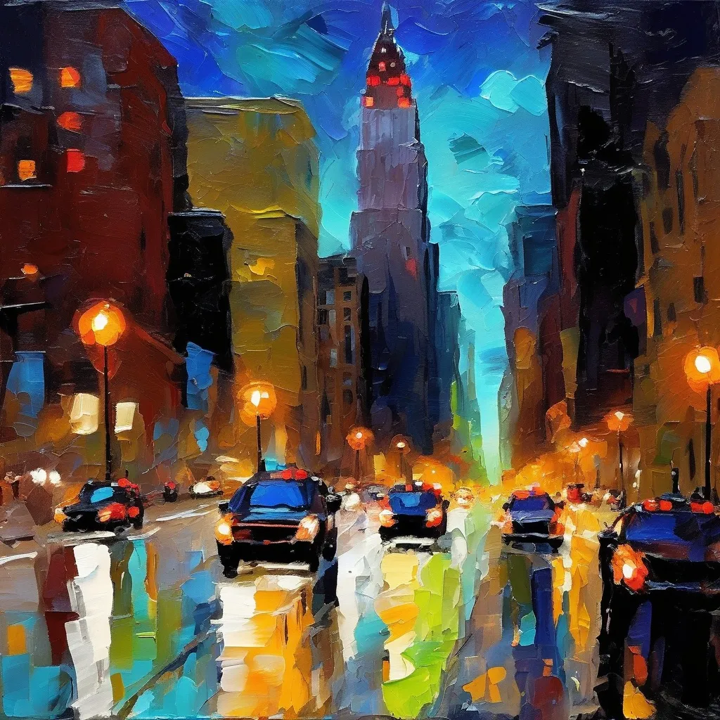 Prompt: Stylized rough 5th avenue by night impressionistic painting with large palette-knife