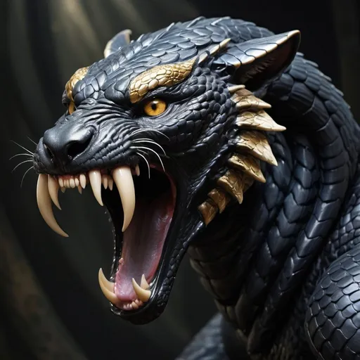 Prompt: The hybrid of a werewolf and a king cobra melds the formidable traits of both creatures into a singular, awe-inspiring being. Its muscular, sinewy body is cloaked in a mix of dark fur and iridescent scales, providing stealth and protection. With an elongated, snarling head adorned with golden, predatory eyes, it strikes fear into any who meet its gaze. Its majestic hood, reminiscent of a cobra's, unfurls with intricate patterns and vibrant colors, a display of intimidation and power. Armed with razor-sharp teeth, claws, and a venomous stinger-tipped tail, this creature is a lethal combination of strength, agility, and venom, embodying the apex predator of myth and imagination.