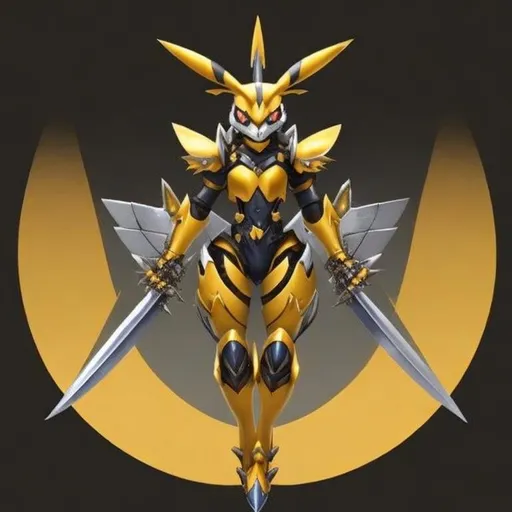 Prompt:  digimon, Renamon, armored body, face shield, metal armored wings, strong hand swords 