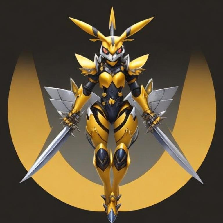 Prompt:  digimon, Renamon, armored body, face shield, metal armored wings, strong hand swords 