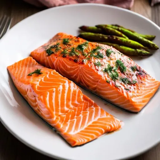 Prompt: Create a realistic and appetizing image of a baked salmon dish on a white plate. Use different shades of pink and brown to show the texture and flavor of the salmon. Show the garnish and the sauce on the side. Show the light and shadow effects on the plate and the salmon. Make the image look delicious and inviting.