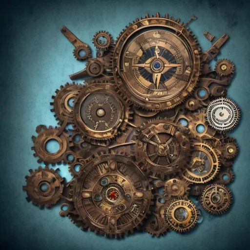 Prompt: steampunk gears with compass on blue background