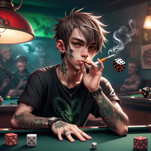 Prompt: a young tattoed boy smoking with a draco besides some dice on the pooltable and ar15

