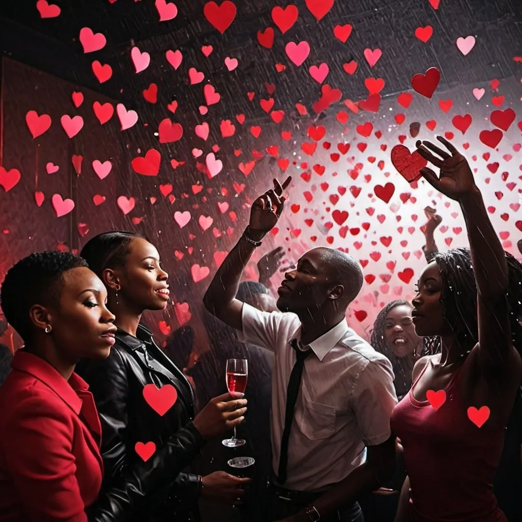 Prompt: Black people In a club with raining hearts .