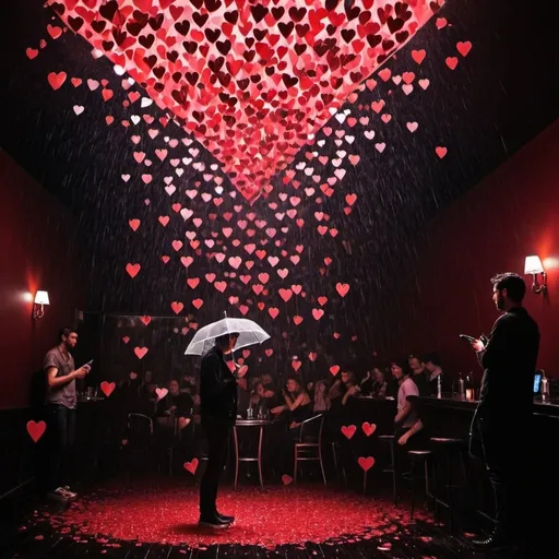 Prompt: In a club with raining hearts .