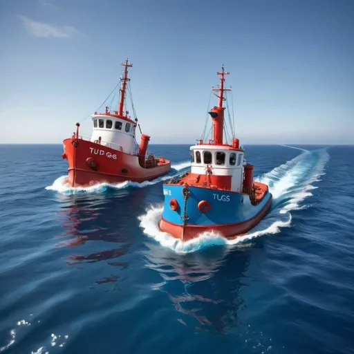 Prompt: Two tugs, one red and the other blue, making their way in the middle of the blue sea