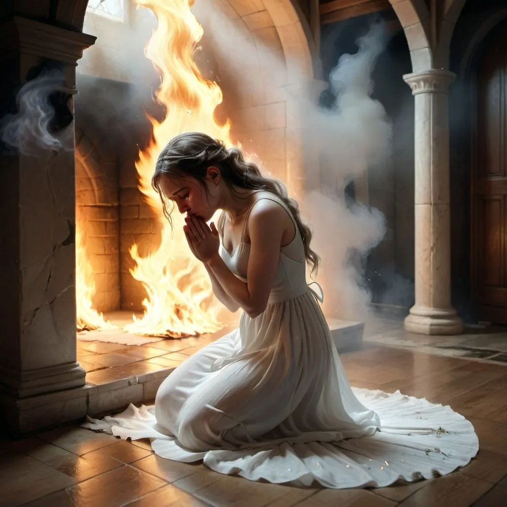 Prompt: a fantasy picture of a crying young woman in a white dress is in kneeling in prayer in a room engulfed by fire