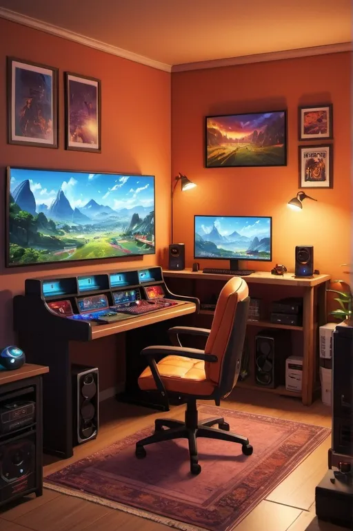 Prompt: Gaming room with landscape poster, cozy and vibrant, detailed gaming setup, high quality, colorful, anime style, warm tones, atmospheric lighting, vibrant gaming room, landscape poster front view, detailed gaming equipment, professional rendering, cozy setting, highres, ultra-detailed, gaming, anime, warm tones, vibrant, atmospheric lighting, detailed setup, landscape poster, cozy