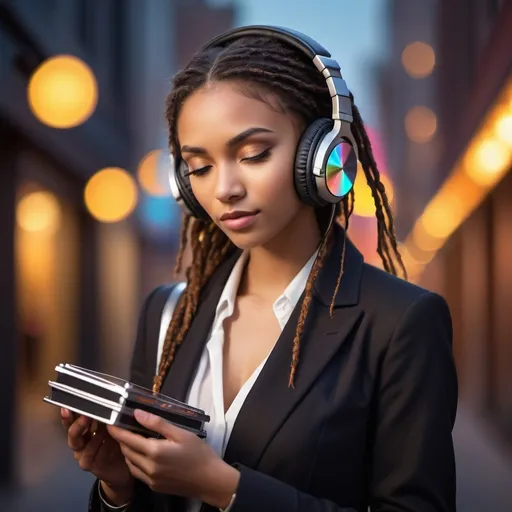 Prompt: <mymodel> wearing headphones and holding a cd case