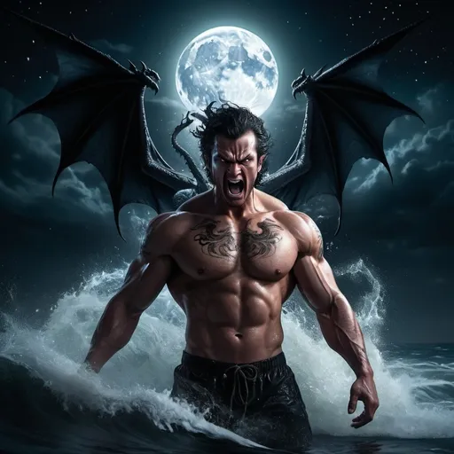 Prompt: An angry man with a dragon wings in side an ocean the moon is up shining