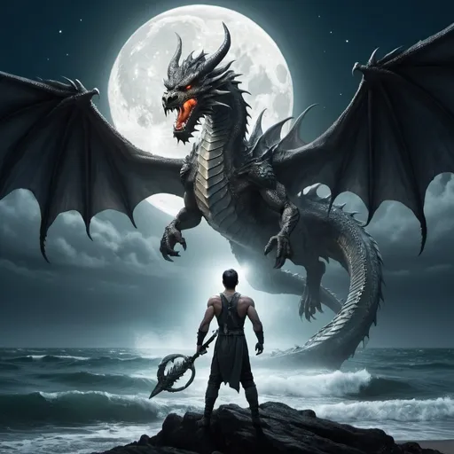 Prompt: An angry man with a dragon wings in side an ocean the moon is up shining