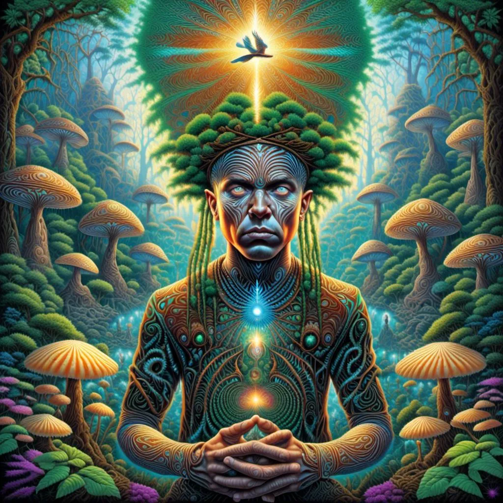 Prompt: <mymodel> a man with dreadlocks standing in front of mushrooms and trees with a bird on his chest and a bird on his chest, Altichiero, funk art, highly detailed digital art, poster art with is eyes shining and sparking like lightning 