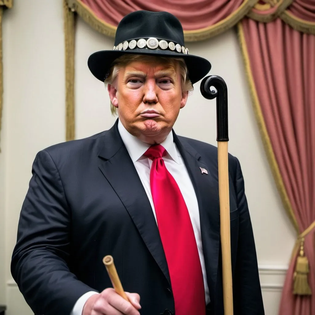 Prompt: Trump as a pimp with a hat cane