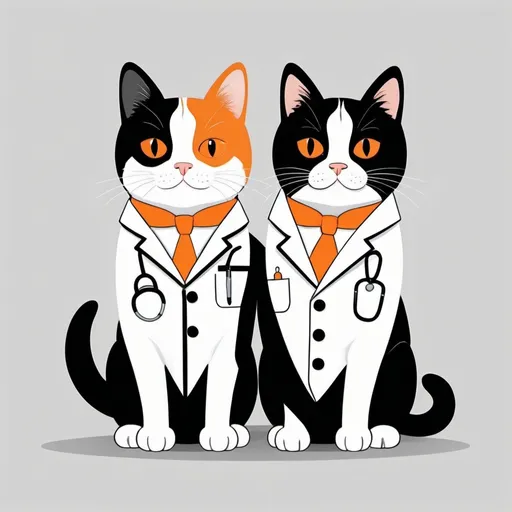 Prompt: Generate an  line vector illustration of a cute tuxedo cat wearing a dog's skin with a doctor's white coat like how a wolf wearing a sheep's skin. With an orange cat assistant.

Cat in dog's skin