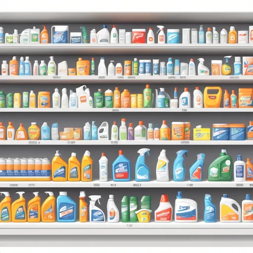 Prompt: a thumbnail style drawing of a horizontal supermarket shelf viewed from the front with various white packages of insecticides and household cleaning products on a completely white background