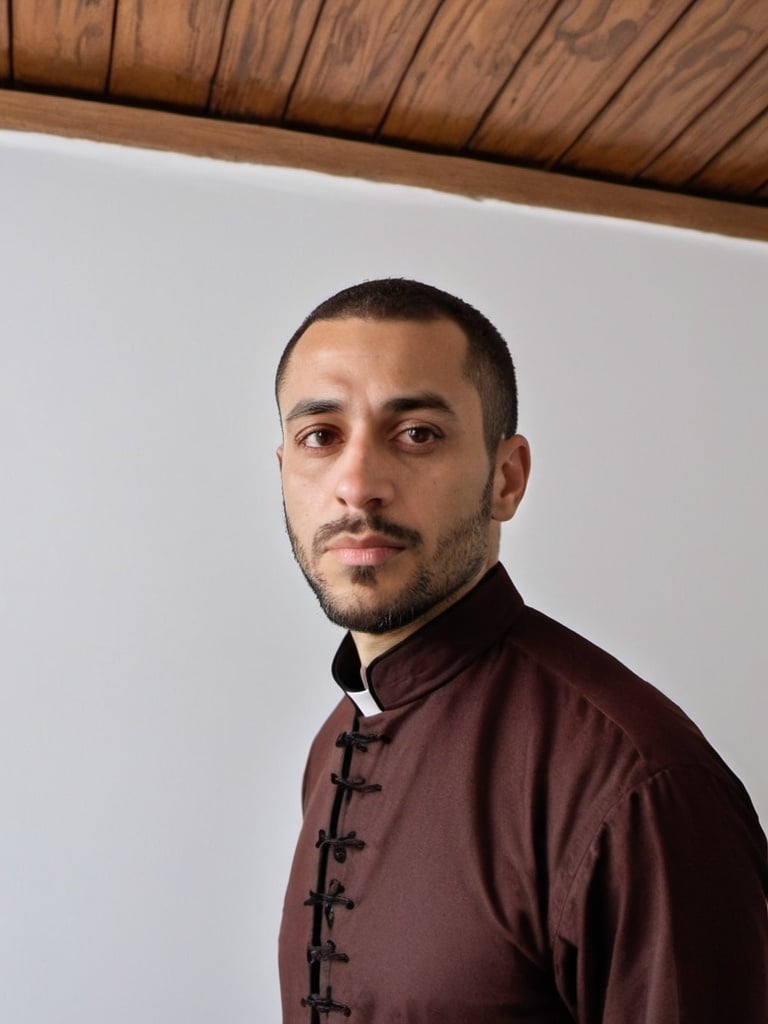 Prompt: a man with a black clergy shirt  is standing in a room with a wooden ceiling and a white wall, Daryush Shokof, rococo, profile picture, a picture ( the face Will not be altered in the imagem creation )