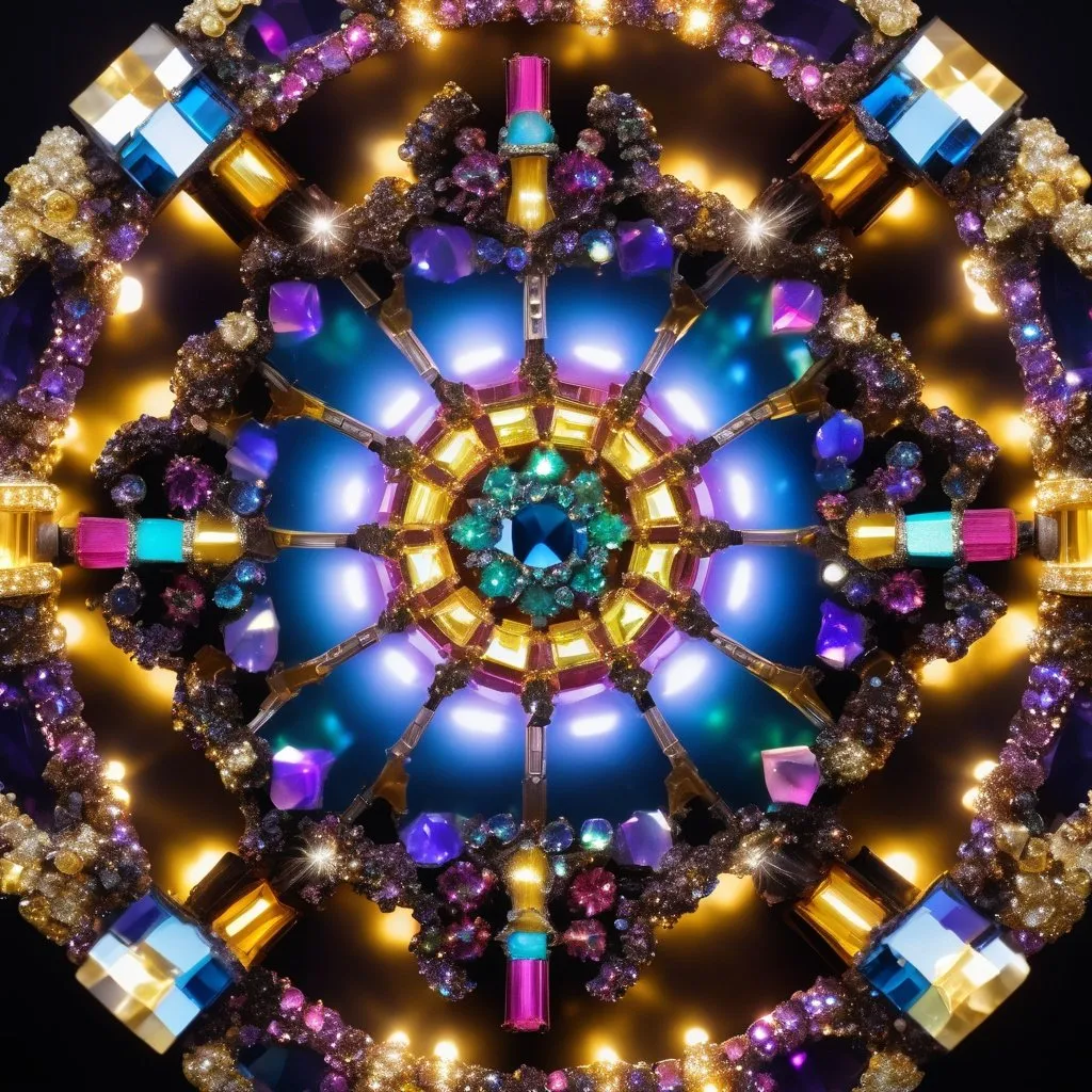 Prompt: a kaleidoscope made from glowing bismuth metal encrusted with gems and crystals, glowing with light