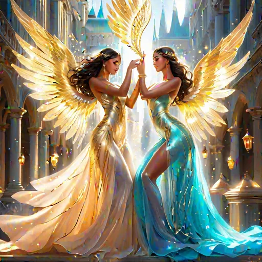 Prompt: dancing angels, tan skin, beautiful faces with delicate features, glowing vibrantly in a city of golden buildings, they both have translucent wings with crystals and gems