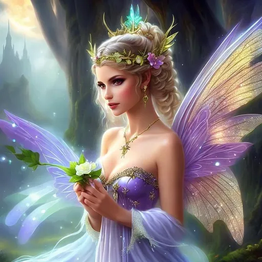 Prompt: a woman dressed in a fairy costume holding, fairy wings on her back, and a laurel crown, Anne Stokes, fantasy art, fantasy artwork, a digital rendering
