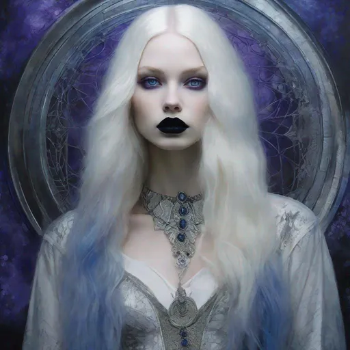 Prompt: A very beautiful albino girl witch, Violet eyes, heavy metallic blue eyeliner, black lipstick,  long hair, black and silver ethereal clothes art by  William Oxer, Nickolas Muray, Aliza Razell, Charles Robinson, esao Andrews. Ethereal background, Mixed media, 3d, extremely detailed, intricate, high definition, crisp quality, standing in front of a The Timeless Ice Field, masterpiece, best quality, in lovecraftian style