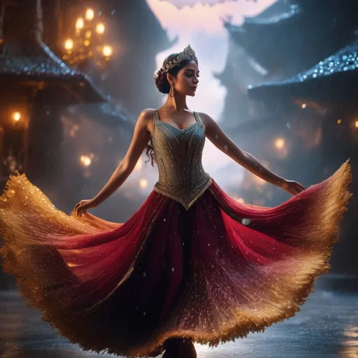 Prompt: costume, classical dance position, scene is covered in dew drops and rain, glitter is exploding all around, detailed matte painting, deep color, fantastical, intricate detail, splash screen, complementary colors, fantasy concept art, 8k resolution trending on Artstation Unreal Engine 5 