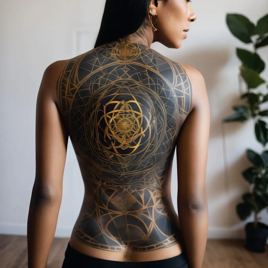 Prompt: a woman with golden highlighted sacred geometry full body tattoos 