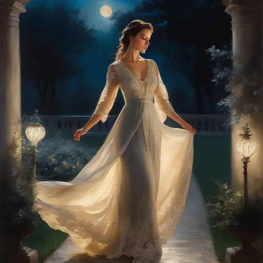 Prompt: Elegant woman walking in a moonlit garden, classical oil painting, flowing gown with intricate lace details, ethereal and graceful movement, moonlit shadows, high quality, classical art, graceful beauty, moonlit garden, oil painting, flowing gown, lace details, ethereal movement, moonlit shadows, classical, elegant, soft lighting