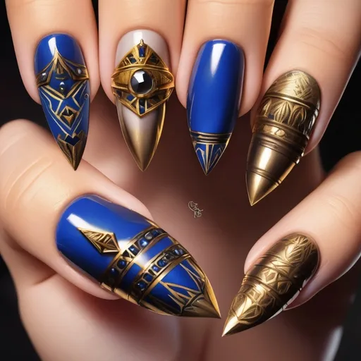 Prompt: a manicure with blue and gold designs on it's nails and a ring of jewels on the tip of the nail, Anne Stokes, gothic art, beautiful detailed, egyptian art