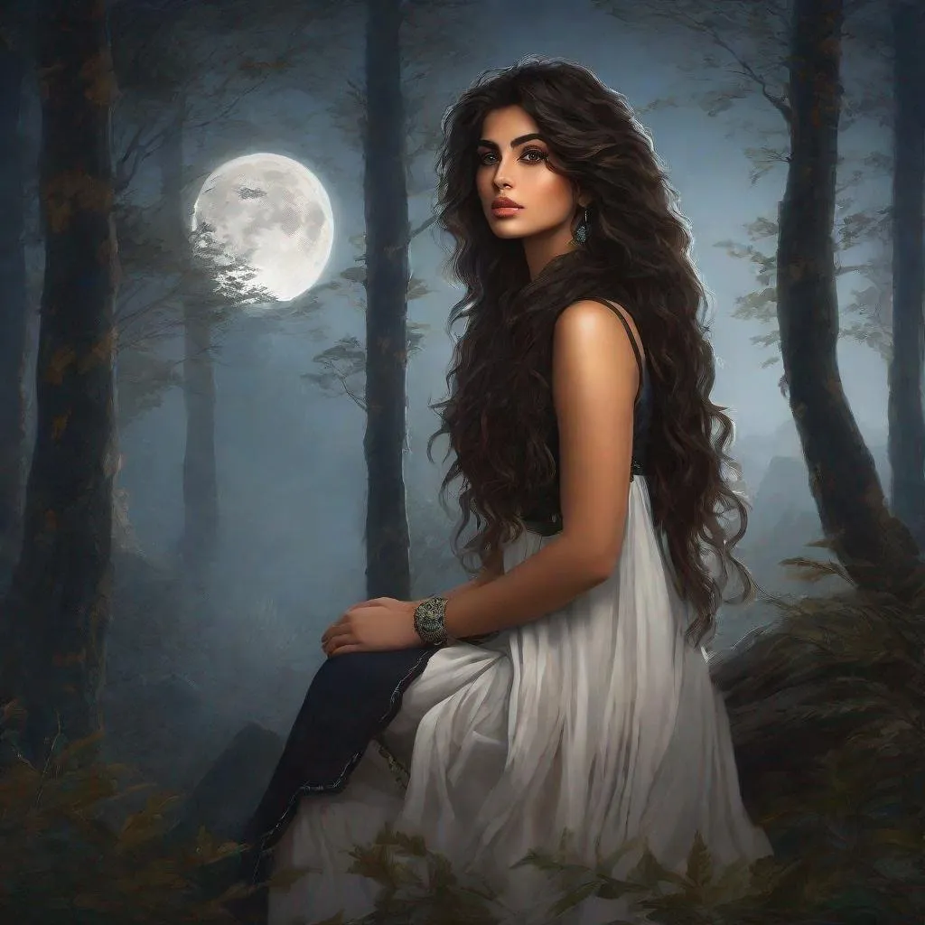 Prompt: highest quality anime art masterpiece, digital drawing, Azerbaijani woman with long black thick wavy messy hair:vistani, sad in a forest on a dark foggy night, big brown eyes, tanned skin:2, waxing moon, huge long wide broad hooked greek aquiline algerian oriental arabic nose, ethereal, jewelry set, highres, realistic, highly detailed, fantasy, gypsy, roma, D&D, Ravenloft, by Ilya Kuvshinov