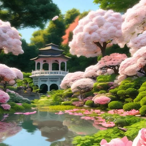 Prompt: hyperrealistic botanical garden, lush, peonies, roses, sakura trees, white gazebo, beside a tranquil pond