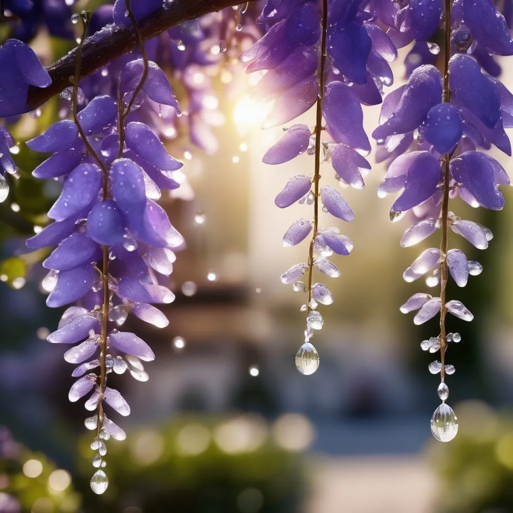 Prompt:  Close-up photograph of Wisteria covered in glistening dew drops, crystals, silver glitter, shimmering morning dew : sunrays (shimmering:1.3) : (sparkling:1.6) : extreme contrast and saturation : Storybook style : hyperdetailed : beautiful : elegant : ethereal : fantasy concept art : 8k resolution : Unreal Engine 5 : volumetric lighting : deep colors : gorgeous : friendly colors : story book style : muted colors : watercolor style : ornate details : ultra high quality : sharp details