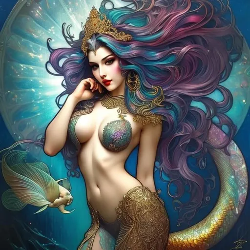 Prompt: Attractive mermaid goddess with fan fish tail, Alphonse Mucha, Luis Royo, Joyce ballantyne, rainbow hair,  graffiti art, splash art, street art, spray paint, oil gouache melting, acrylic, high contrast, colorful polychromatic, ultra detailed, ultra quality, CGSociety, depth of field