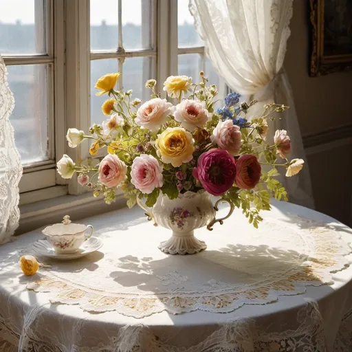 Prompt: rococo flower arrangement on a lace tablecloth, sitting next to a sunny window